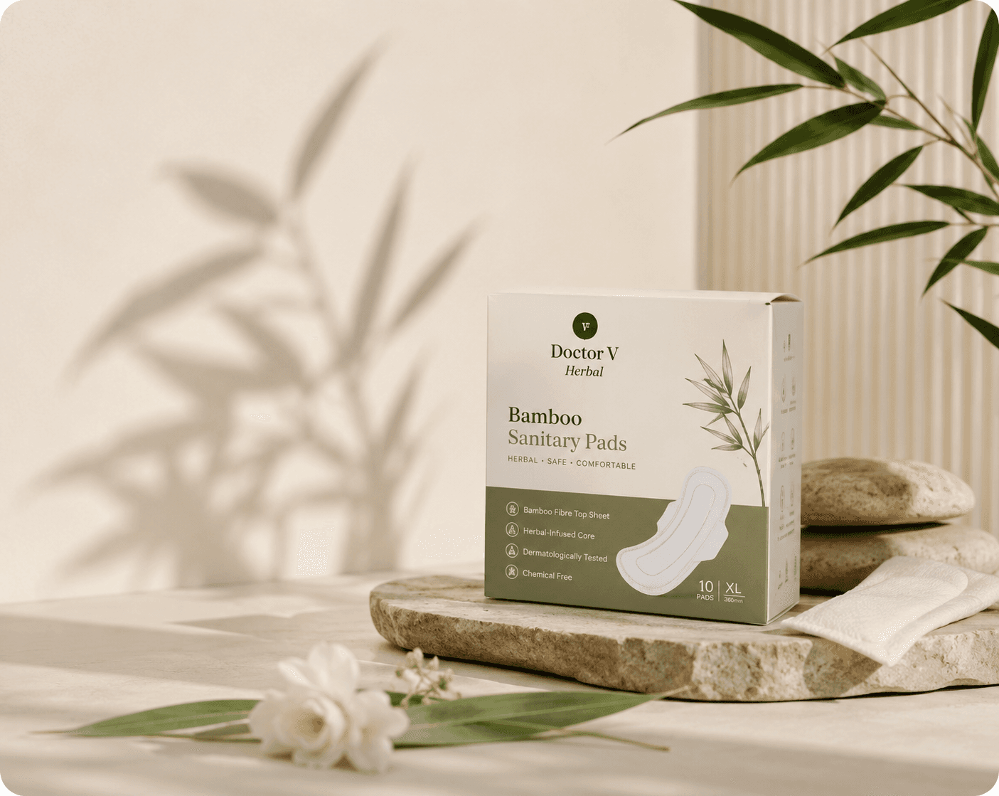 Doctor V Herbal bamboo fibre sanitary pads, presented in a premium lifestyle setting